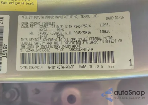 2016 Toyota Tacoma Sr5 V6 z USA, uszkodzony, nr VIN 5TFCZ5AN1GX033312